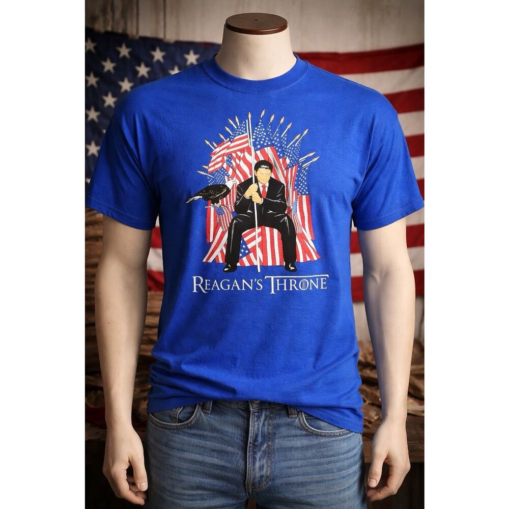 Reagan’s Throne T-Shirt XL Blue Patriotic Graphic Eagle Flags USA Tee - Picture 1 of 6